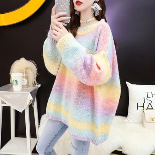#6390 Rainbow Sweater Women O Neck Casual Bat Sleeved Knitted Sweater Female Loose Cotton Women Sweaters And Pullovers Cute