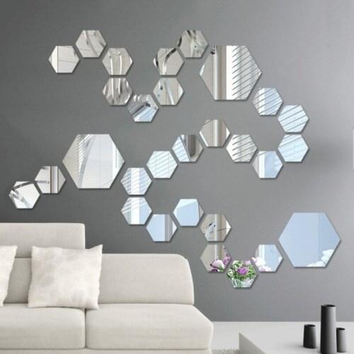 12PCS Acrylic Mirror Wall Stickers Self Adhesive Removable Hexagonal Decorative Mirror Sheet For Home Living Room Bedroom Decors