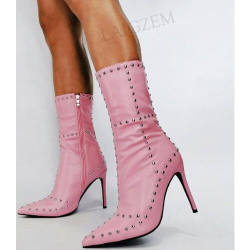 BERZIMER SUPER Women Ankle Boots Rivets Pointed Toe Boots High Heels Side Zip Faux Leather Shoes Woman Big Size 43 45 46 47