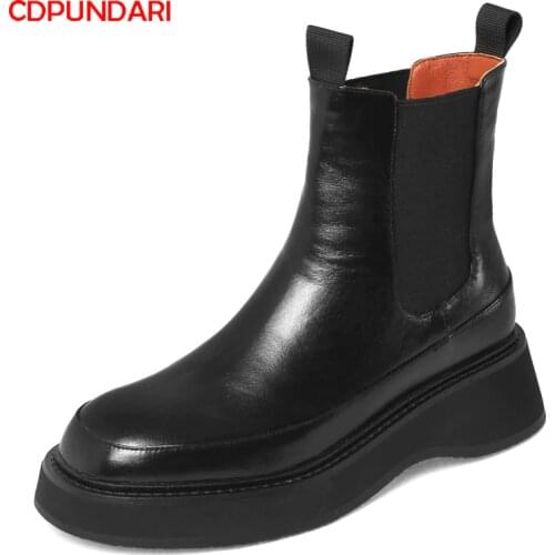 Black Genuine Leather Flat Platform Ankle Boots For Women Autumn Winter Chelsea Short Boots Shoes Bottes Plateforme Femme