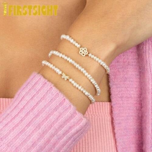 Gold Color Butterfly Flower Charm Trendy Pearl Bracelet White Pearl Link Chain Bracelets Weddings Gift For Womens Jewelry