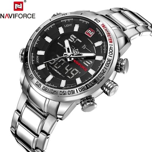 NAVIFORCE Watch Men Dual Display Sport Male Full Steel Quartz Digital Clock 3Bar Waterproof Watches Relogio Masculino Clock Hour