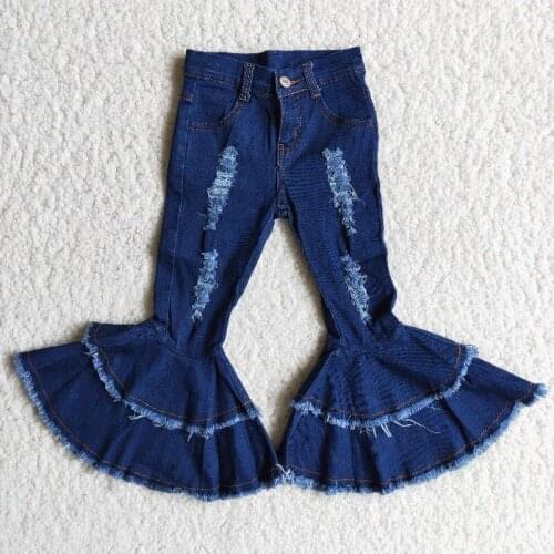 2020 Toddler Kids Jeans for Girls navy double edging bell bottoms jeans with button Baby Girls Jeans Pants Children Clothes