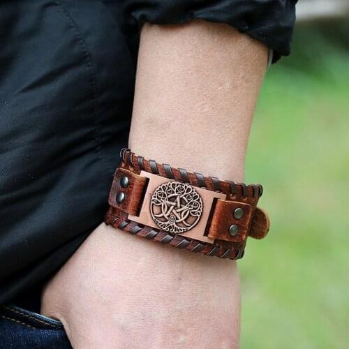 Eif Dock Viking Bracelet for Men Women Wide Leather Bangle Faith Tree of Life Star Wristband Amulet Wicca Jewelry Dropship