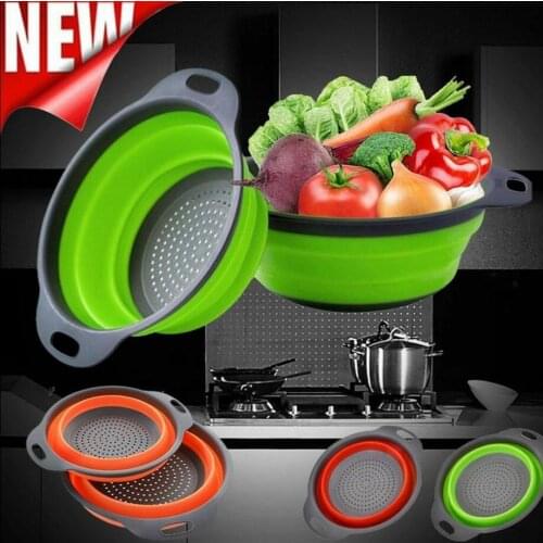 Kitchen Collapsible Foldable Silicone Colander Fruit Vegetable Strainer Basket Drainer With Handle Kitchen Storage Tools