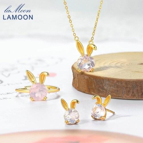 LAMOON 925 Silver Jewelry Set For Women Natural Rose Quartz Gemstone Lovely Rabbit 14K Gold Plated Fine Jewellry Girl Gift V082