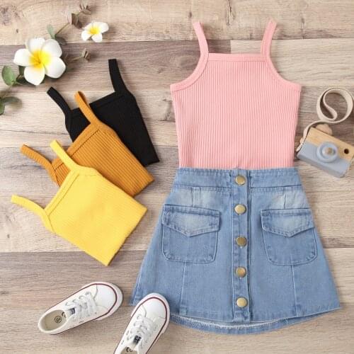 Girls Two Piece Set Summer 2021, Childrens Solid Color Ribbed Sleeveless Vest Skirt with Pockets for Baby Daily Wear