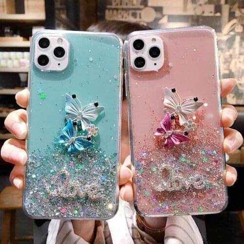 3D Bling Glitter Pearl Butterfly Soft Silicone Case For Samsung J4 J6 Plus A7 A9 2018 J5 J7 Prime M10 M20 M30 Phone Cover