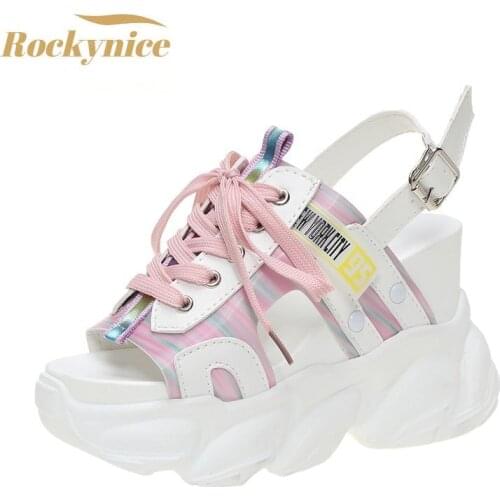 New Fashion Splicing Lace Up Sandals Women Summer Casual Thick Sole Wedges Sandalias Woman Comfortable Soft Open Toe Shoes 10cm