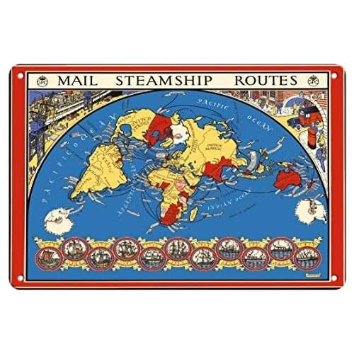 United Kingdom - International Postal Mail Steamship Routes - Map by Macdonald (Max) Gill c.1937- Metal Sign