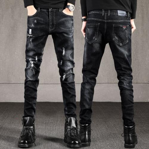 Autumn and Winter Ripped Thick Stretch Jeans Mens Korean Slim Ankle-Tied Jeans Mens Trousers Ripped Jeans for Men Punk Clothes