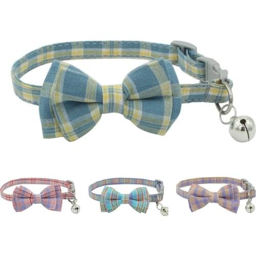Fresh Plaid Cat Collar Adjustable Pastoral Style Removable Bow Comfortable Pet Dogs Collars Walking Run Cats Chain Pet Accessory