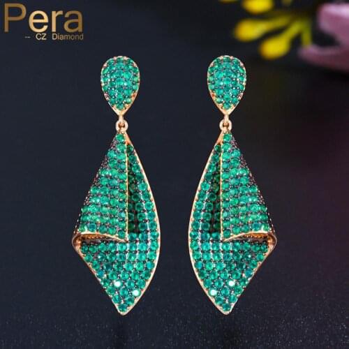Pera Lovely Full Green Cubic Zirconia Pave Long Yellow Gold Dangle Geometry Drop Earrings for Ladies Fashion Prom Jewelry E649