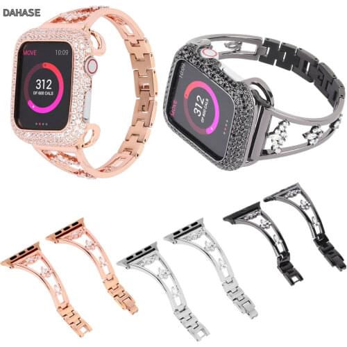 Luxury Bling Diamond Watch Case For Apple Watch Band 40mm 44mm 38mm 42mm Cover For iWatch 6 5 4 3 2 Stainless Steel Metal Strap
