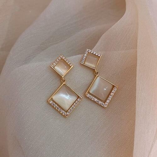 Golden Opal Rhinestone Earrings Rhombus Dangler Flower Inlaid Round Tassel Eardrop Drop Earrings Women Girl Gifts For Friends