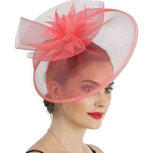 Women Generous Big Mesh Chapeau Cap Church Wedding Ladies Fasciantor Hat Fashion Feather Flower Headwear Church Hair Accessories