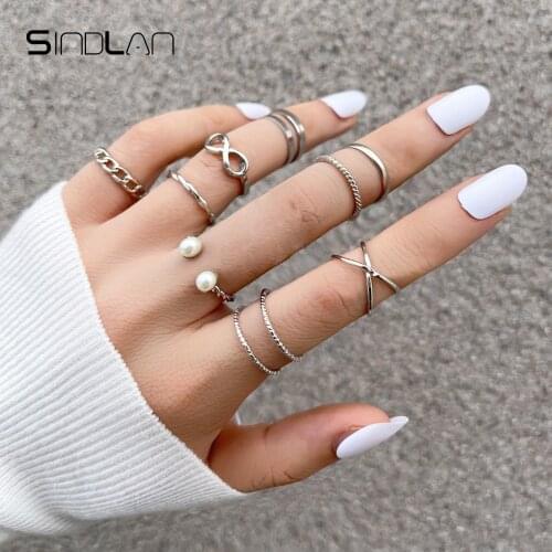 Sindlan 9Pcs Vintage Silver Color Pearl Rings for Women Punk Geometric Set Stranger Things Couple EMO Fashion Jewelry Anillos