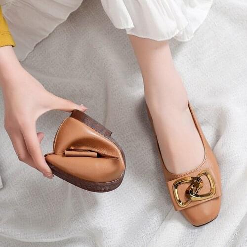 PUPUDA Female Shoes Trend Women Casual Leather Shoes Fashion Square Heel Mid Heel Shoes Ladies Comfortable Women Shoes