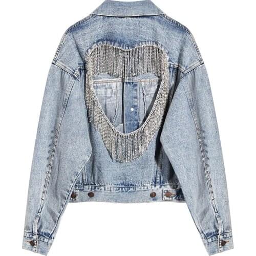 Women Diamonds Denim Jacket Spring Autumn Backless Hollow Out Tassels Jeans Coat
