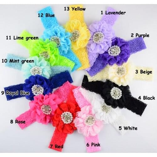 Hot New 13C In Stock 5pcs/lot Lace Headbands With Big Chiffon Flowers And Rhinestones Centre Headwear For girls FDA125