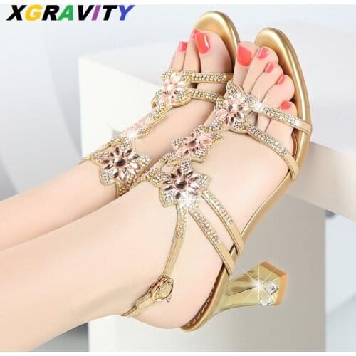 XGRAVITY D044 New High Quality Plus Size 34-41 Women High Heel Summer Shoes Sexy Crystal Designer Heel Dress Sandals Women Shoes