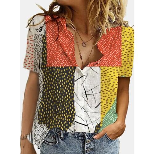 Women T-Shirts Digital Printing Tops Casual Fashion Print Lapel Color Blocking Short-Sleeved Top Woman Chic Shirts New Blouses