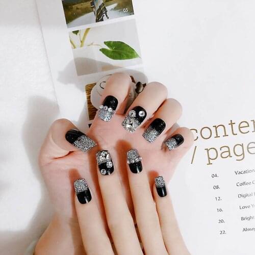 Ladies Sexy Black Color False Nails Girls Shining Rhinestone Square Head Fake Nails Long Size Acrylic Nail Art Tips With Glue