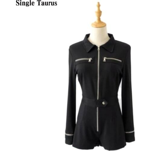 2019 Spring England Style Playsuits Women Long Sleeve Shorts Rompers Femme Slim Zipper Black Jumpsuit Sashes Overalls for Women