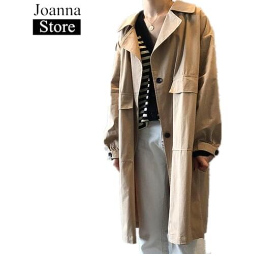 Spring New Long Windbreaker Women Lapel Long Sleeve Single-Breasted Pockets Loose Vintage Coats Plus Size Casual Clothes Female