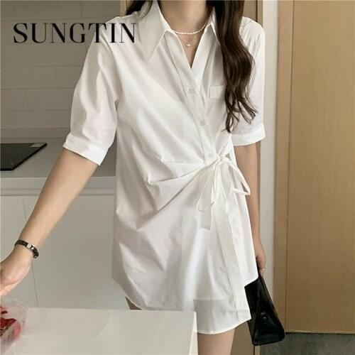 Sungtin Vintage Lace Up Mini Dresses for Women Elegant Single Breasted Shirt Dress Korean White Design Short Sleeve Shirts