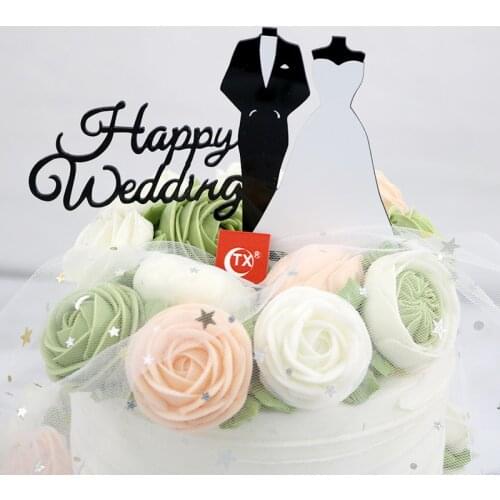 2020 Wedding Dress Cake Topper Acrylic Happy wedding Cupcake Topper Supplies For Bride and Groom Wedding Party Baking Decoration