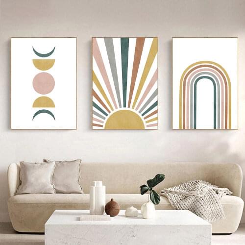 Abstract Rainbow Prints Sun Illustration Mid Century Poster Moon Phases Canvas Painting Boho Wall Art Pictures Living Room Decor
