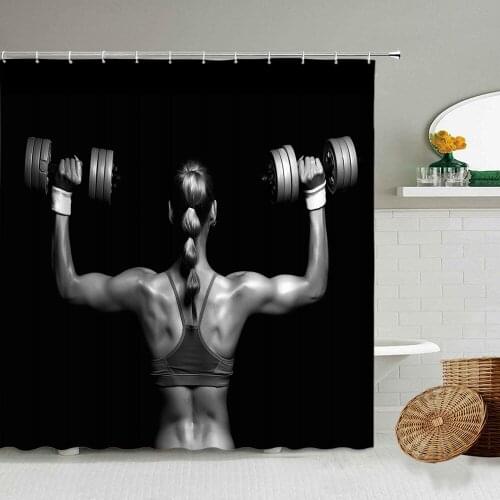 American Sexy Woman Strong Man Fitness Sports Shower Curtain Family Bathroom Bathtub Blackout Waterproof Polyester Cloth Screen