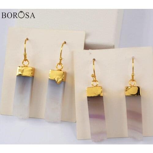 BOROSA 1Pair Fashion Gold Rectangle Natural Agates Dangle Earrings Natural Quartz Druzy Long Earrings Jewelry Women Gifts G1968