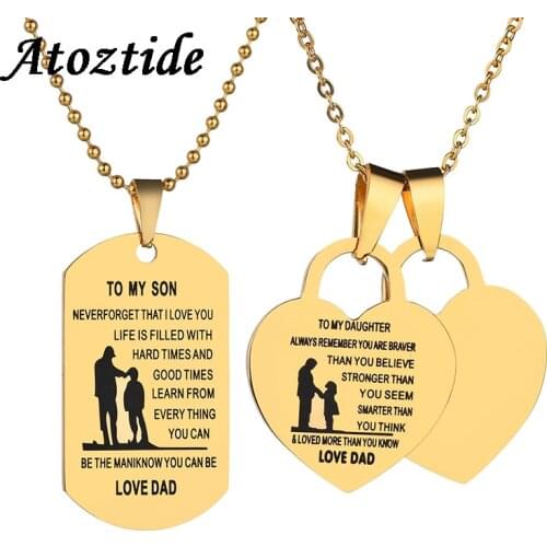 Atoztide Customize Back TO MY SON Dog Tag Beads Chain Necklace TO MY DAUGHTER Double Hearts Pendant Necklace Kids Gift
