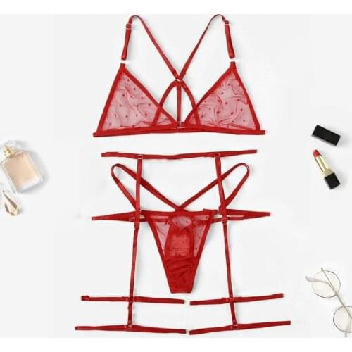Erotic Lingerie Set Transparent Lace Hollow Dot Wireless Bra Sleeveless V Neck Thong Sexy Underwear for Women Bielizna Damska