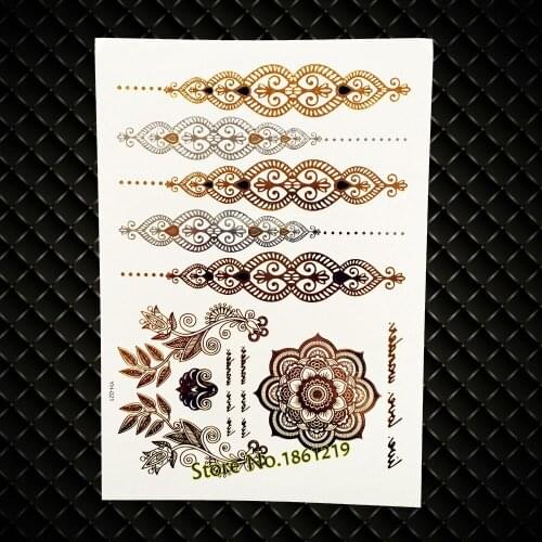Hot LArge Indian Bracelet Gold Temporary Tattoo Flower 21x15CM Flash Metallic Temporary Tattoo Henna Women Jewelry Stickers