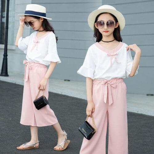Kids Clothes Set Summer T- Shirt & Wide Leg Pants Chiffon 2Pcs Suit Teenage Girls Clothing Childrens Costume 6 8 10 12 14 Years