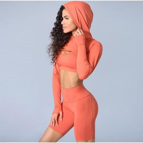 Yoga Set Women 3 PCS Fitness Suit Long Sleeve Crop Top Push-up Bra Padded Shorts Naked-feel Fabric Workout Hooded Gym Sportwear