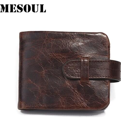 Vintage Genuine Leather Men Short Wallet Male Wallets Cowhide Purse Coin Pocket Zipper Soft Oil Wax Leather Casual Card Pack