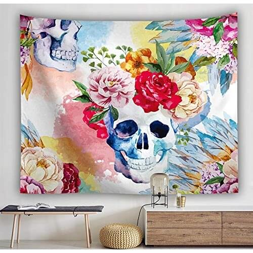 Cool Skull Flowers Tapestry Day of The Dead Funny Pink Floral Art