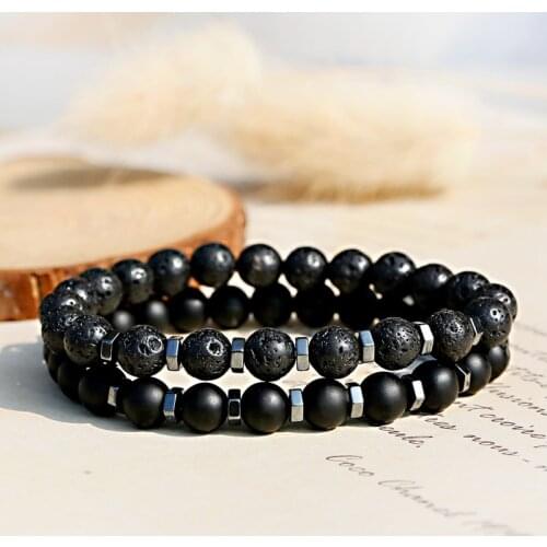 Charm Men Bracelet Vintage Natural Lava Stone Beads Elastic Bracelets&Bangles Homme Prayer Jewelry Hematite Yoga Bracelet