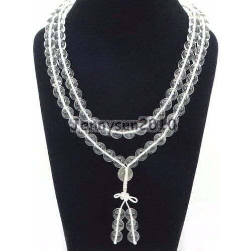 Natural Clear Crystal 10mm Gems Stone Buddhist 108 Beads Prayer Mala Long Necklace Multi-Purpose Bracelet Necklace 5Strands/Pack