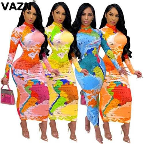 VAZN New 2021 New O-neck Colorful Print Evening Gown Women Elegant Fashion Maxi Dress Slim Dress Club Birthday Shinny Dress
