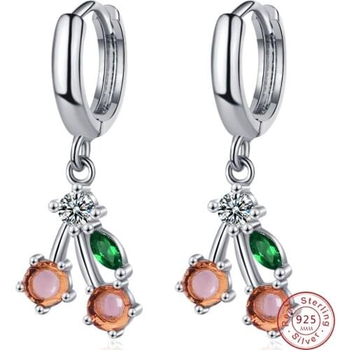 New Real 925 Sterling Silver Earrings For Women Cherry Earrings Small Stud Ear Girl Gift Zircon Earrings Anti-Allergy Jewelry