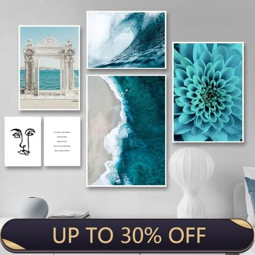 Ocean Waves Blue Flower Wall Poster Sea Beach Landscape Canvas Painting Scandinavian Art Room Decoration Picture