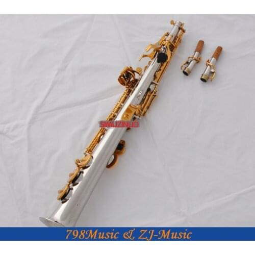 Silver Nickel Gold Straight Soprano Saxophone sax High F abalone shell With Case-2 Neckes