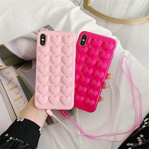3D Love Heart Candy Phone Case For iphone 11 Pro Max 12 XS Max XR XS X 6 6S 7 8 Plus SE 2020 Silicone Lanyard Back Cover