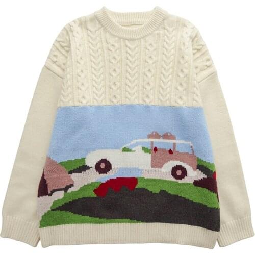 Harakuju Sweater Women Cartoon Embroidery Knitted Pullover Thick Warm Jumper Sweaters 2021winter Vintage Casual Female Warm Top