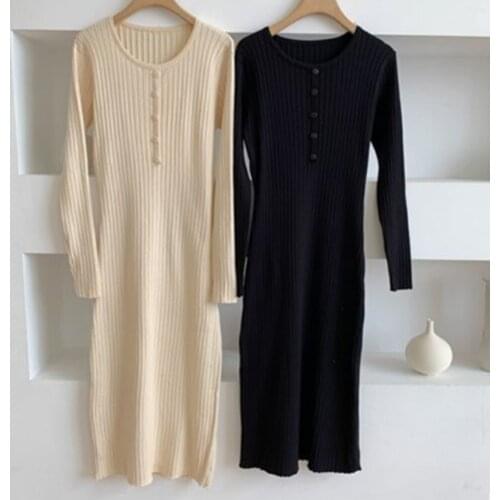 Korean Autumn 2021 New Style Solid Color Retro Temperament Loose Long Knit Dress Casual Round Neck Long Sleeve Womens Clothing